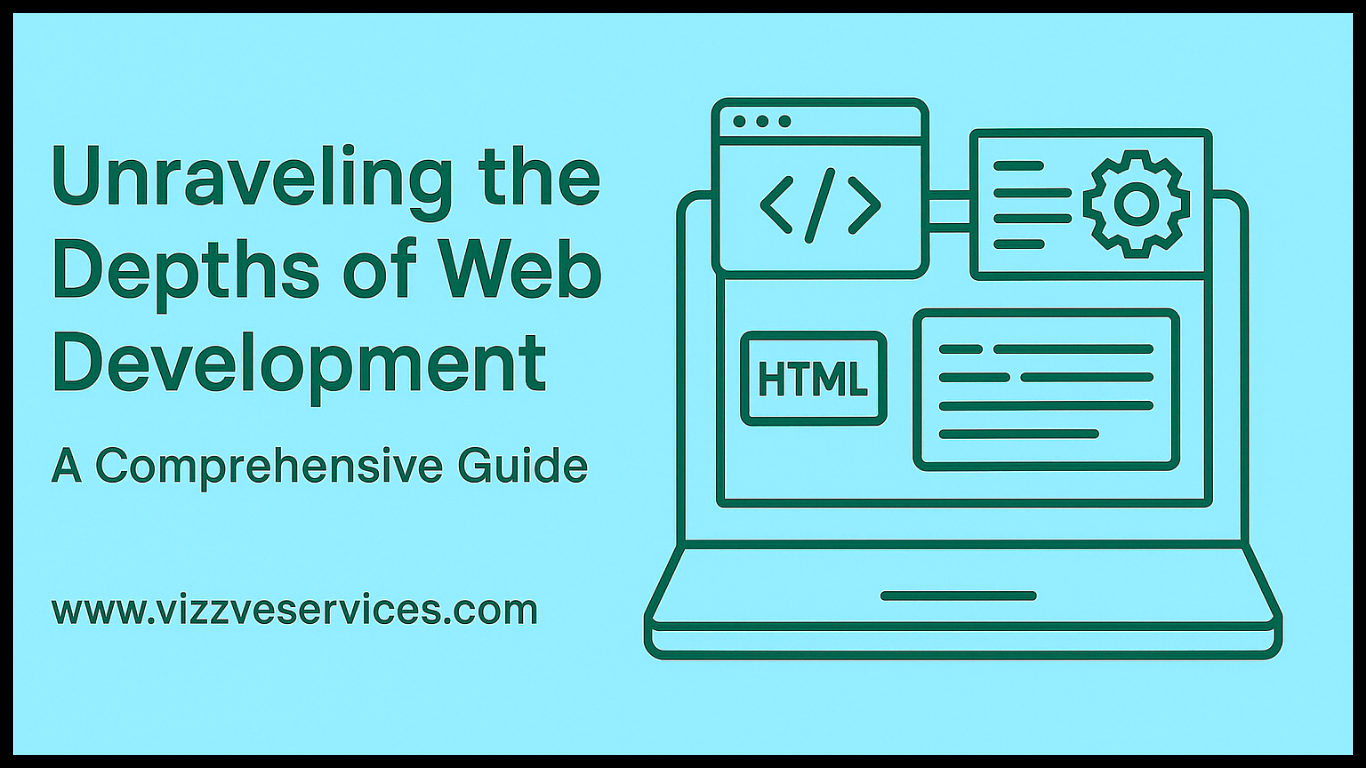 Illustration showing web development icons like HTML, code editor, and gears on a laptop screen